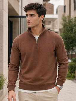 Nobero - Men Relaxed Fit Mock Neck Solid Sweatshirt - Brown