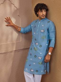 Vastramay - Aqua Embroidered Chanderi Silk Regular Fit Kurta
