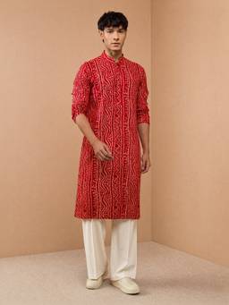 Vastramay - Men Red Printed Rayon Kurta with Pant