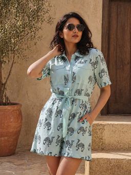 CUSTARD - Womens Custard Blue Cotton Handblock Painted Belted Playsuit