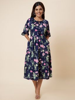 Globus - Women Navy Printed Fit and Flare Dress