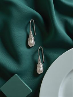 Accessher - White Silver Pearl Pair Of Earrings