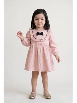 One Friday - Baby Girls Peach Printed Jacquard Full Sleeve Dress