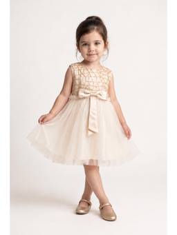 One Friday - Baby Girls Beige Polyester Embellished Sleeveless Dress