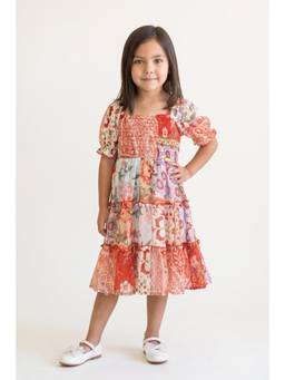 One Friday - Girls Multi Floral Print Chiffon Half Sleeve Dress