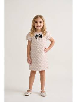 One Friday - Girls Pink Solid Jacquard Half Sleeve Dress