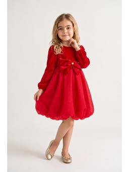 One Friday - Girls Red Solid Velour Full Sleeve Dress