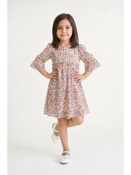 One Friday - Girls Multi Floral Print Chiffon Round Neck Dress