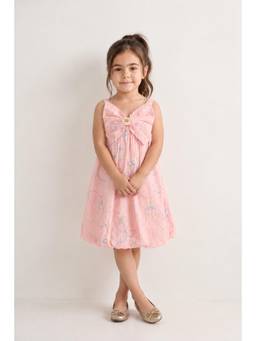 One Friday - Girls Pink Embroidered Jacquard Full Sleeve Dress