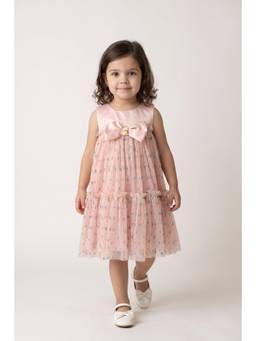 One Friday - Girls Peach Printed Mesh Sleeveless Dress