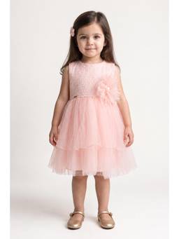 One Friday - Girls Pink Embellished Mesh Sleeveless Dress