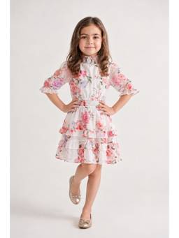 One Friday - Multi Floral Chiffon Stand Collar Dress