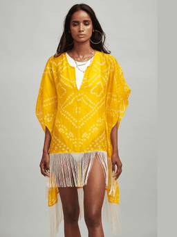 dash and dot - Yellow Bandhani Fringe Kaftan Top