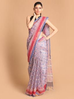 Indethnic - Blue Printed Super Net Saree with Unstitched Blouse