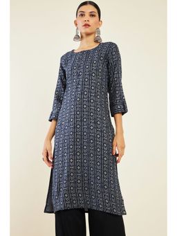 Soch - Women Navy Blue Rayon Printed Kurta