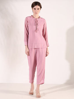 SHOWOFF - Women Striped Pink Co-Ord (Set of 2)