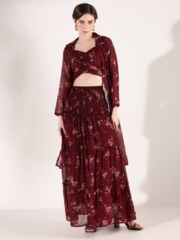 SHOWOFF - Women Printed Burgundy Co-Ord (Set of 3)