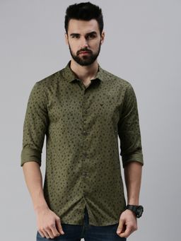 SHOWOFFFF - Men Casual Slim Collar Olive Floral Shirt