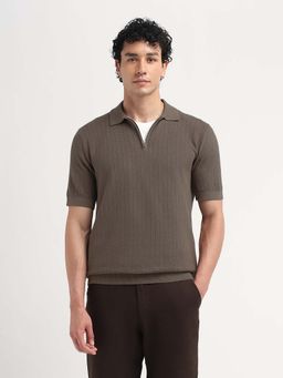 SELECTED HOMME - Structured Zipper Up Dark Brown Polo T-Shirt