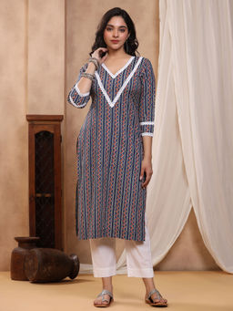 Baisacrafts - Sitara Blue Block print Kurti with Crochet lace