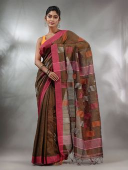 CHARUKRITI - Brown Tissue Handwoven Saree with Woven Designs & Unstitched Blouse