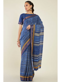 Soch - Women Blue Cotton Checks Saree with Unstitched