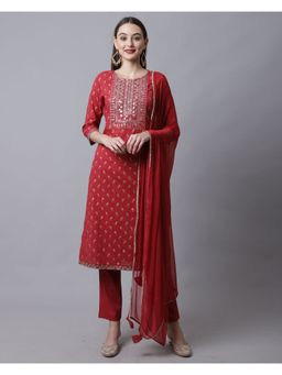 Rajnandini - Pure Cotton Jaipuri Printed Embroidered Kurta With Dupatta - Maroon (Set of 3)