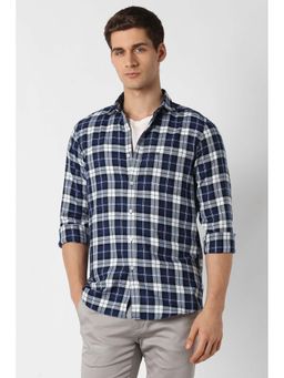 Peter England - Navy Blue Slim Fit Checks Full Sleeves Casual Shirt