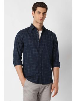 Peter England - Navy Blue Slim Fit Checks Full Sleeves Casual Shirt