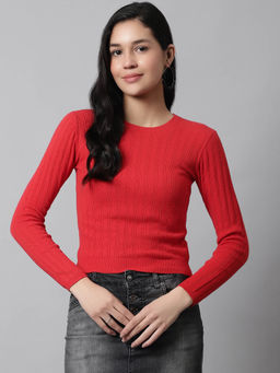 NOBARR - Womens Regular Fit Round Neck Full Sleeve Red Top