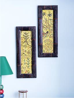 VarEesha - Hand Painted Warli Yellow Wall Hanging Set of 2
