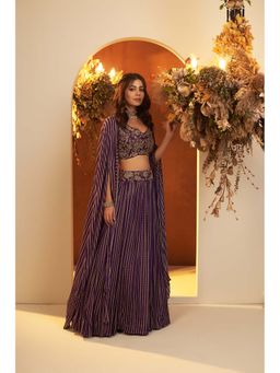 Baidehi - Deep Purple Embellished Blouse with Cape and Lehenga (Set of 3)