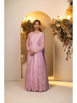 Baidehi - Pink Embellished Attached Drape Gown with Belt and Jacket (Set of 3)