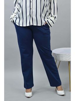 MLADA - Women Navy Blue Solid Cotton Blend Straight Fit Trouser