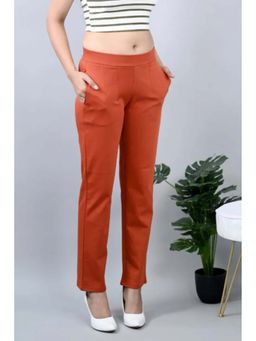 MLADA - Women Rust Solid Cotton Blend Straight Fit Trouser