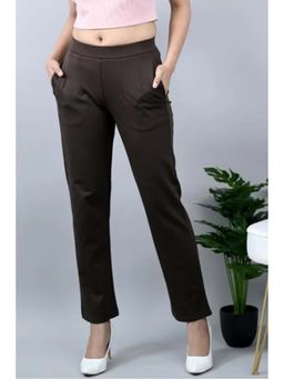 MLADA - Women Dark Brown Solid Cotton Blend Straight Fit Trouser