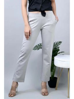 MLADA - Women Light Grey Solid Cotton Blend Straight Fit Trouser