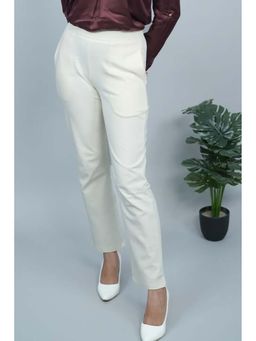 MLADA - Women Off White Solid Cotton Blend Straight Fit Trouser