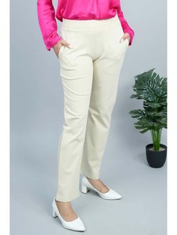 MLADA - Women Cream Solid Cotton Blend Straight Fit Trouser