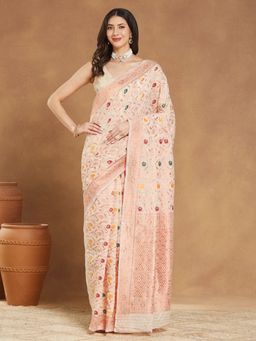 Janasya - Womens Peach Silk Blend Woven Saree with Unstitched Blouse