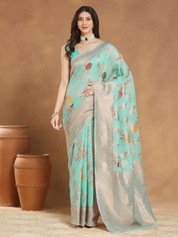 Janasya - Womens Turquoise Silk Blend Woven Saree with Unstitched Blouse