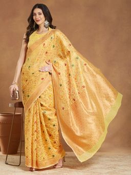 Janasya - Womens Mustard Silk Blend Woven Saree with Unstitched Blouse