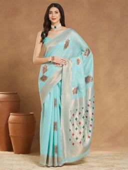 Janasya - Womens Sea Blue Linen Blend Floral Woven Saree with Unstitched Blouse