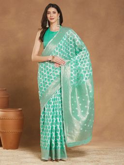 Janasya - Womens Sea Green Linen Blend Woven Saree with Unstitched Blouse