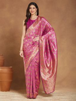 Janasya - Womens Pink Linen Blend Floral Woven Saree with Unstitched Blouse