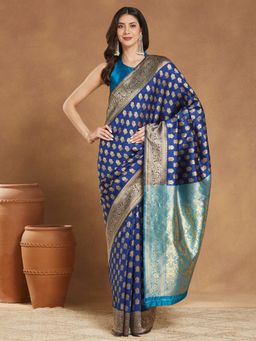 Janasya - Womens Dark Blue Linen Blend Patola Woven Saree with Unstitched Blouse