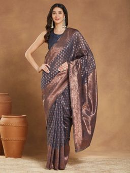 Janasya - Womens Grey Silk Blend Floral Woven Saree with Unstitched Blouse