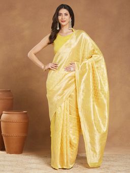 Janasya - Womens Light Yellow Silk Blend Floral Woven Saree with Unstitched Blouse