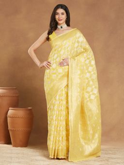 Janasya - Womens Yellow Silk Blend Floral Woven Saree with Unstitched Blouse