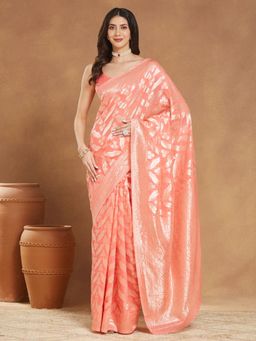 Janasya - Womens Pink Silk Blend Woven Saree with Unstitched Blouse